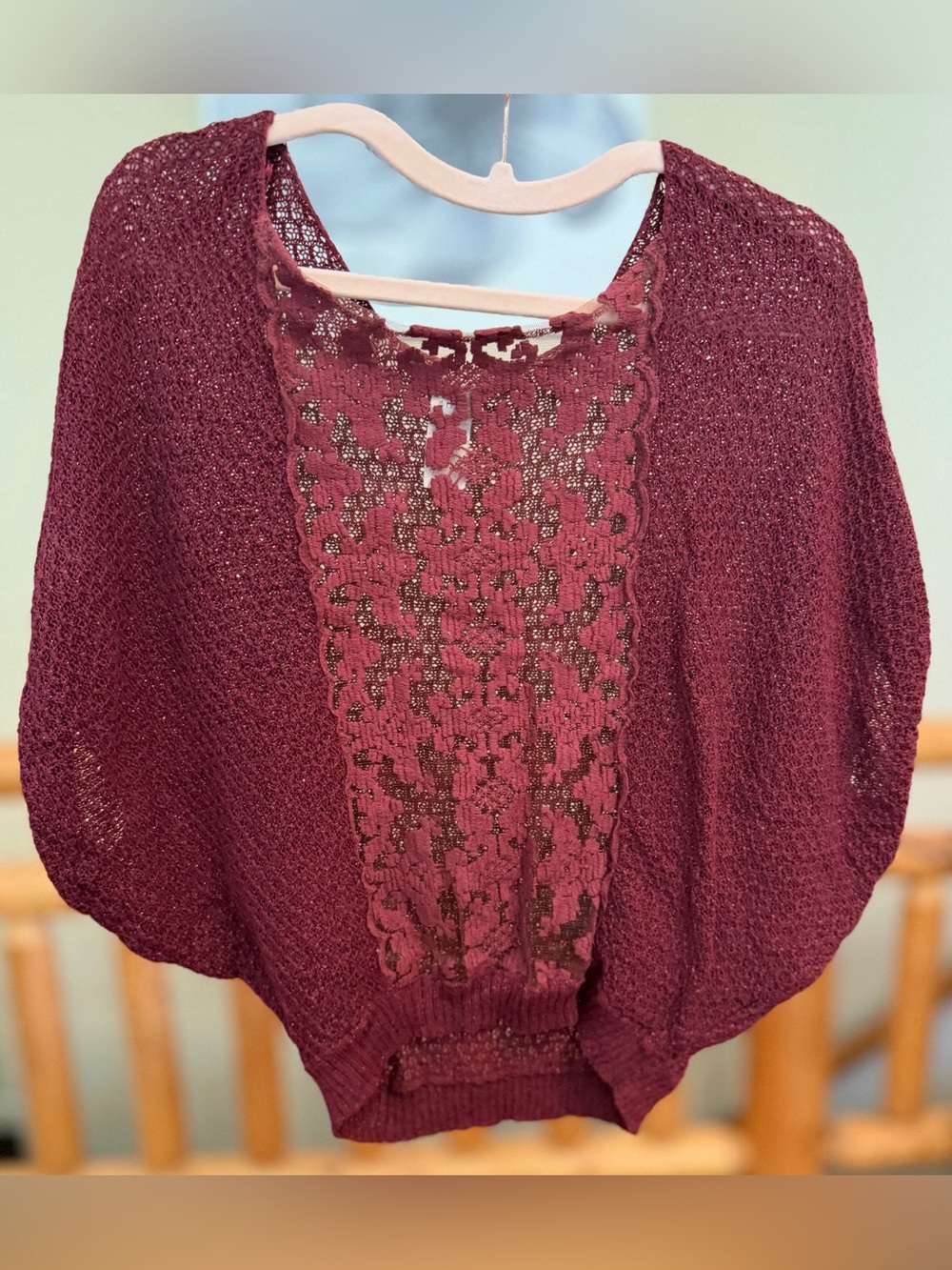 Free People Open-Knit Lace-Front Poncho Sweater - Berry